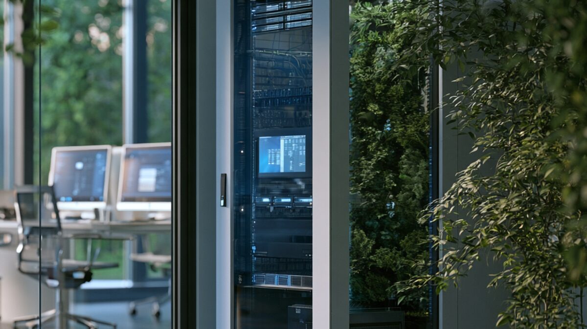 Ein Serverschrank hinter Glas in einem ruhigen Technikraum, warm beleuchtet