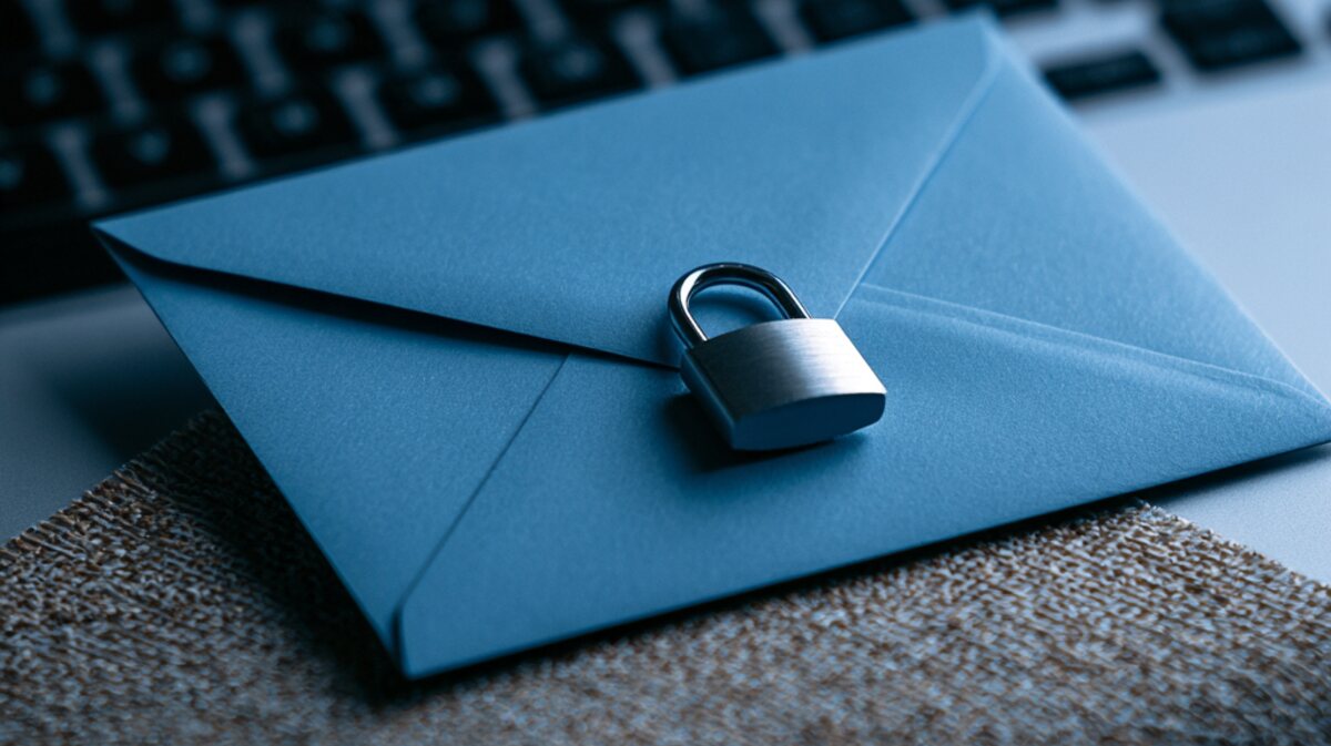 Blauer Briefumschlag mit Vorhängeschloss auf einer Tastatur