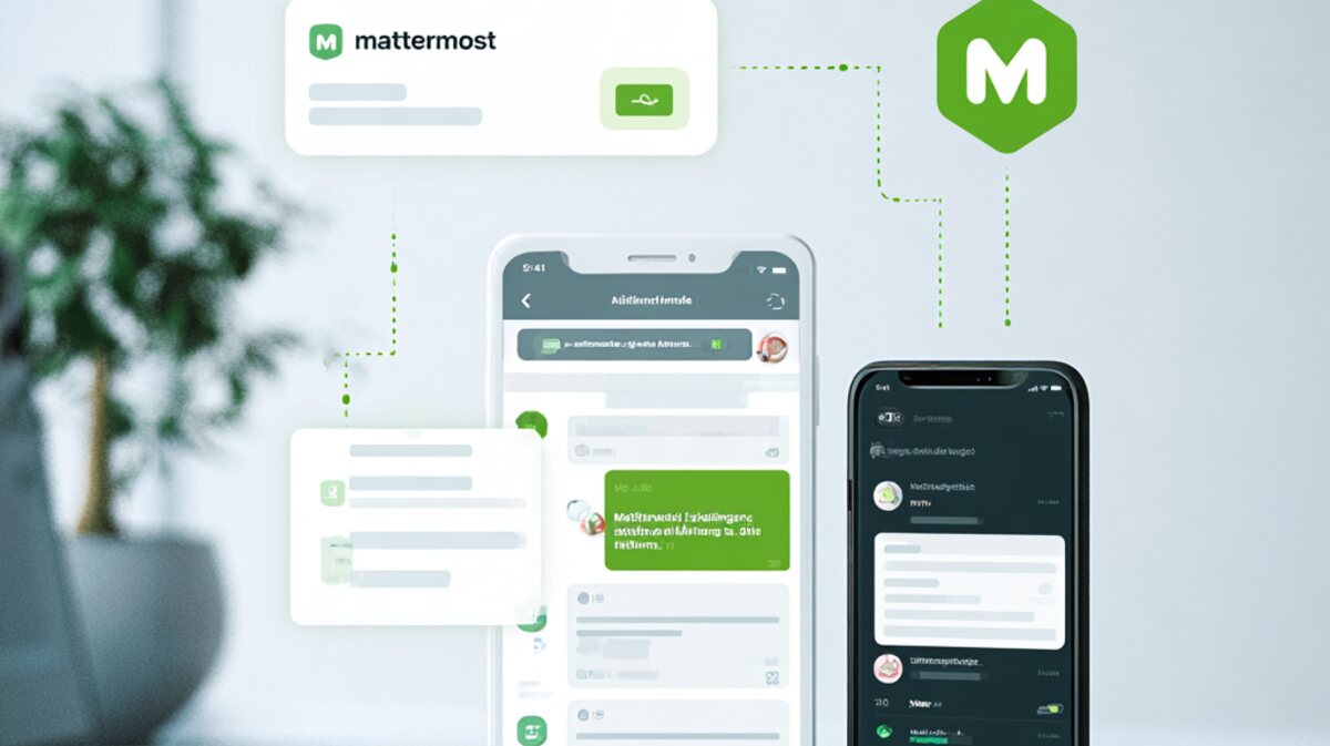 Zwei Smartphones mit Mattermost-Chat, in dem Servermeldungen ankommen